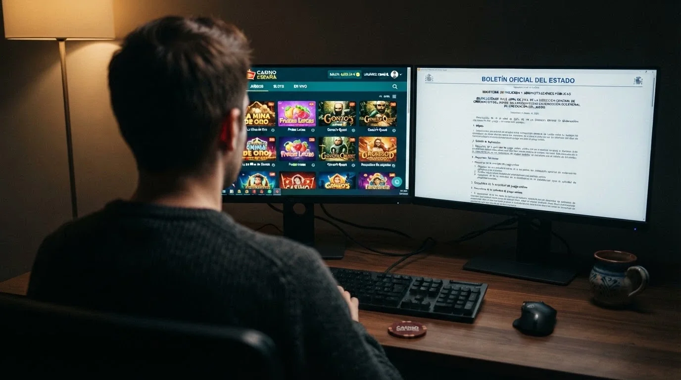 Un jugador sentado frente a dos pantallas: una muestra un casino online y la otra, el BOE con el Real Decreto 520/2026 sobre límites de depósito