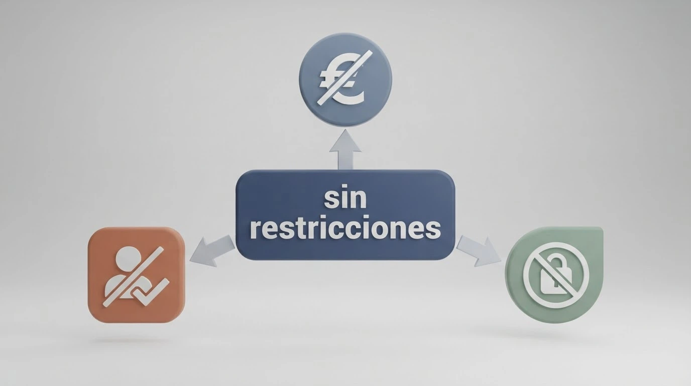 Un mapa conceptual sencillo con «casino sin restricciones» en el centro y flechas hacia tres conceptos: «sin límite de depósito», «sin verificación», «sin autoexclusión», cada uno con un icono de prohibición o candado