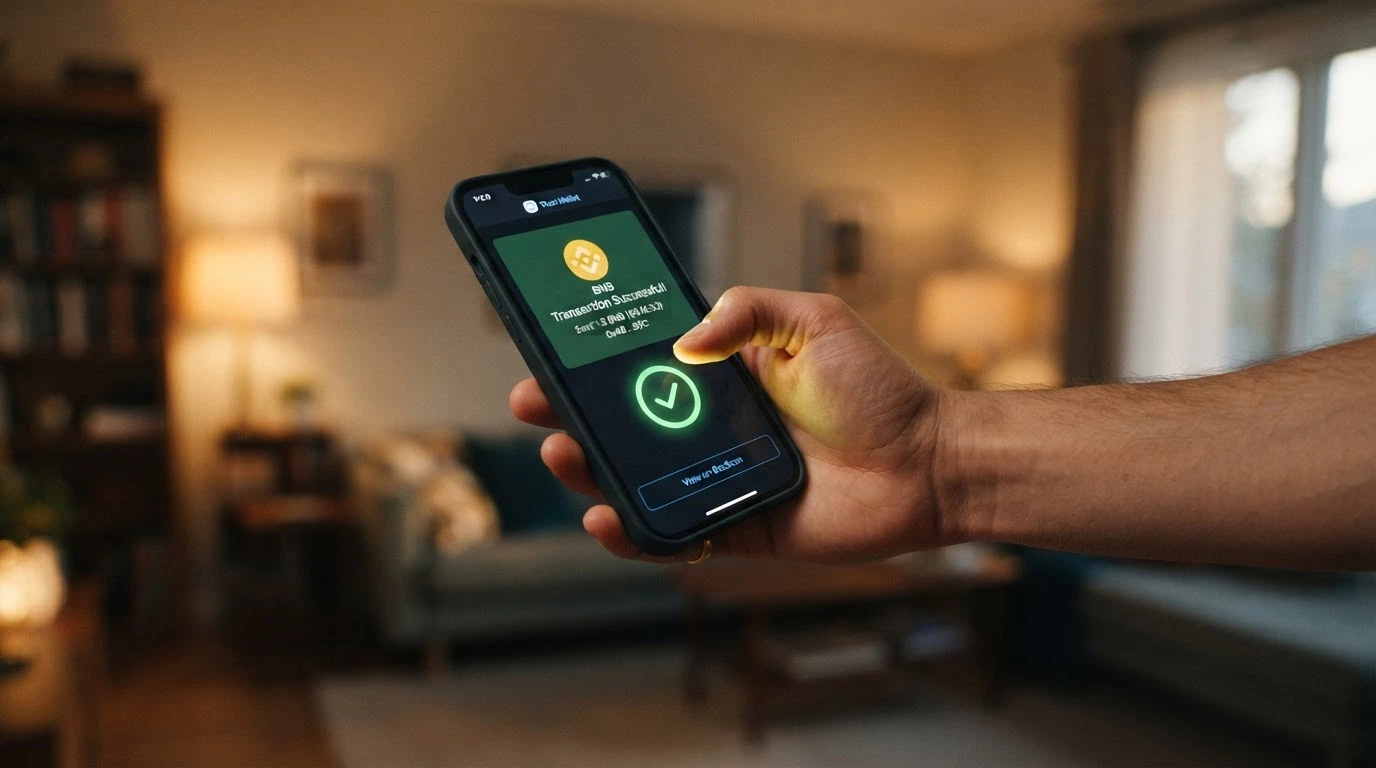 Monedero de criptomonedas mostrando una transacción de BNB saliente hacia la dirección de un casino