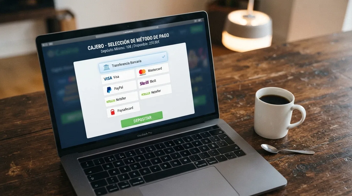 Interfaz del cajero de un casino online mostrando el método Trustly seleccionado, con el logo de CaixaBank visible entre los bancos compatibles, en la pantalla de un ordenador portátil