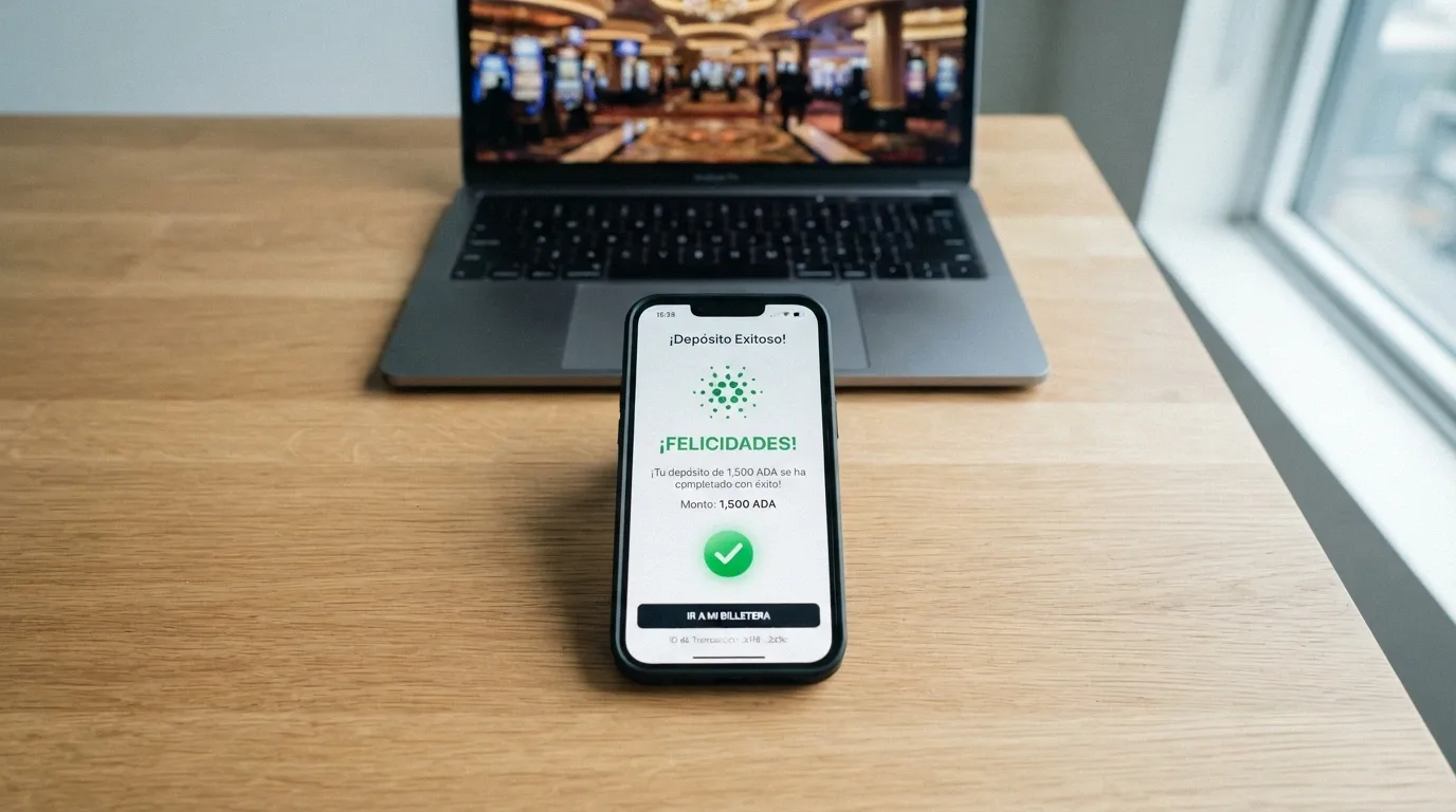 Pantalla de una wallet de Cardano mostrando una transacción de depósito enviada a un casino online