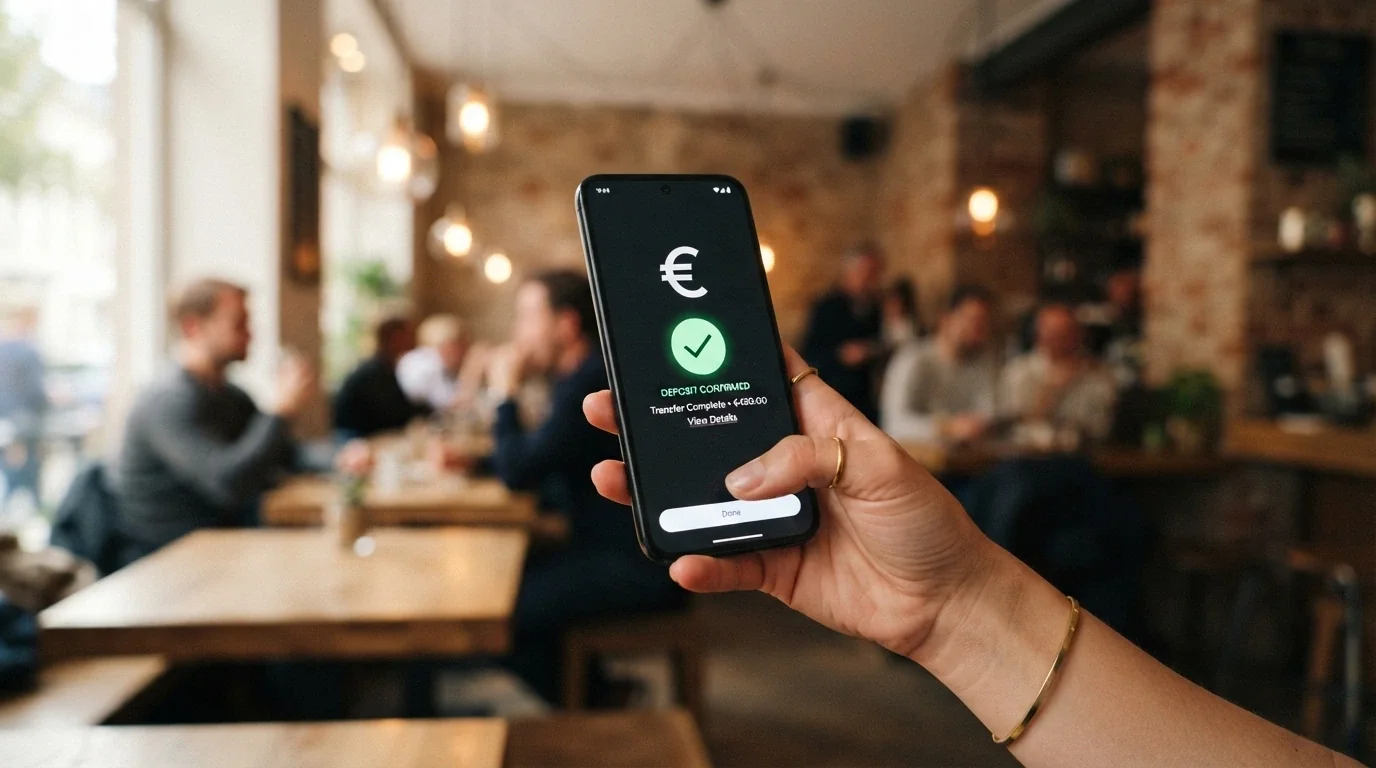 Pantalla de un teléfono mostrando el proceso de depósito con Apple Pay en el cajero de un casino online en euros
