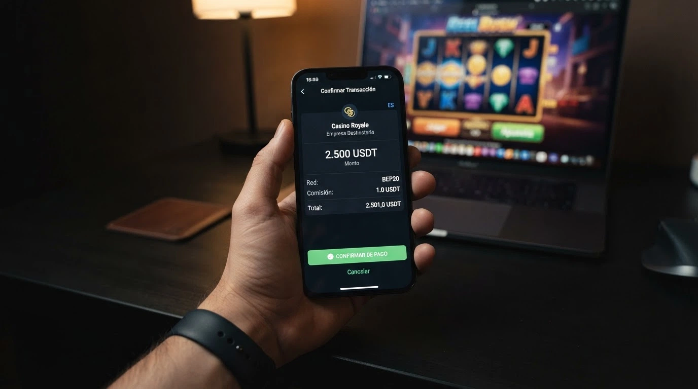 Monedero de criptomonedas mostrando una transacción de bitcoin en pantalla junto al interfaz de un casino online