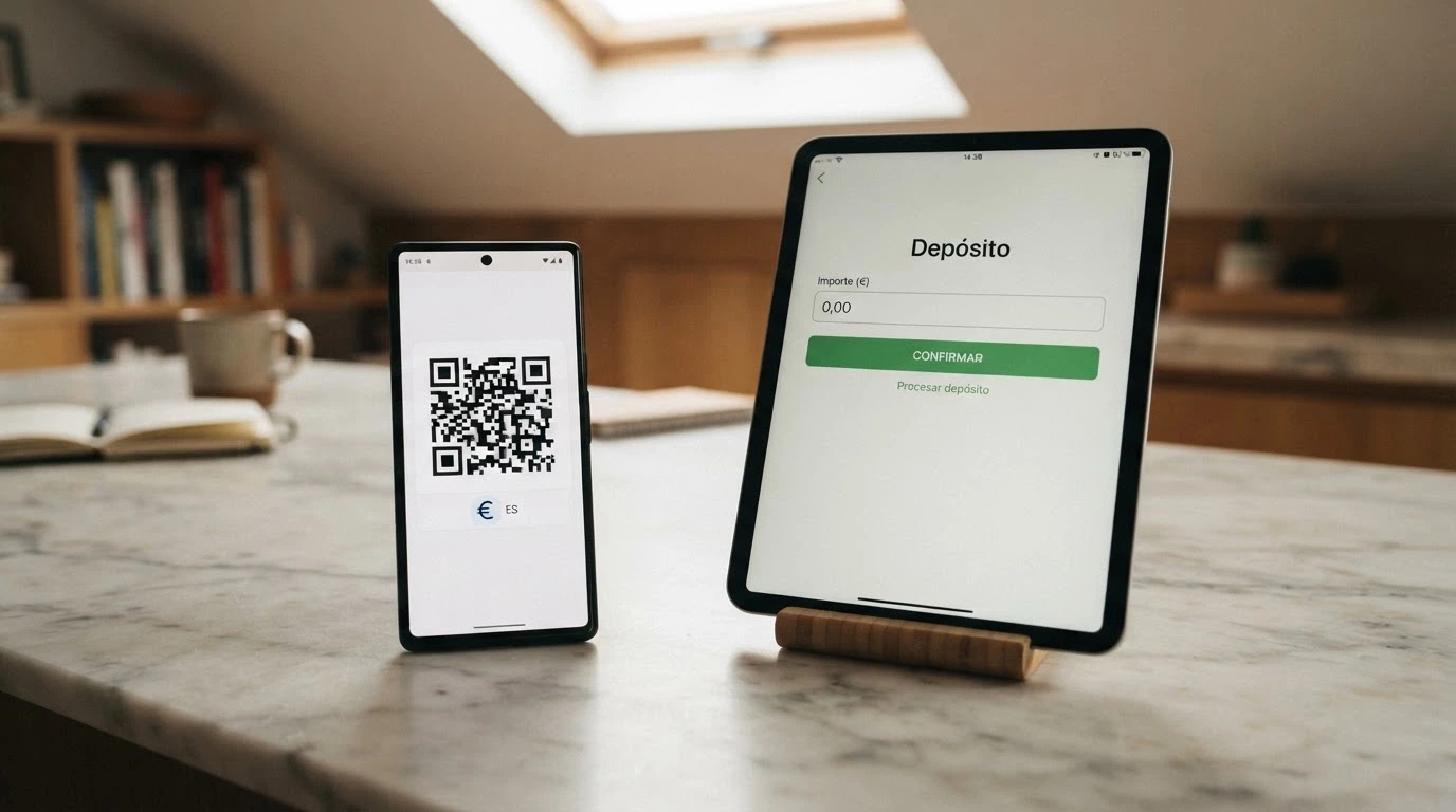 Teléfono móvil mostrando un código QR de una cartera Dogecoin junto a la pantalla de depósito de un casino online.