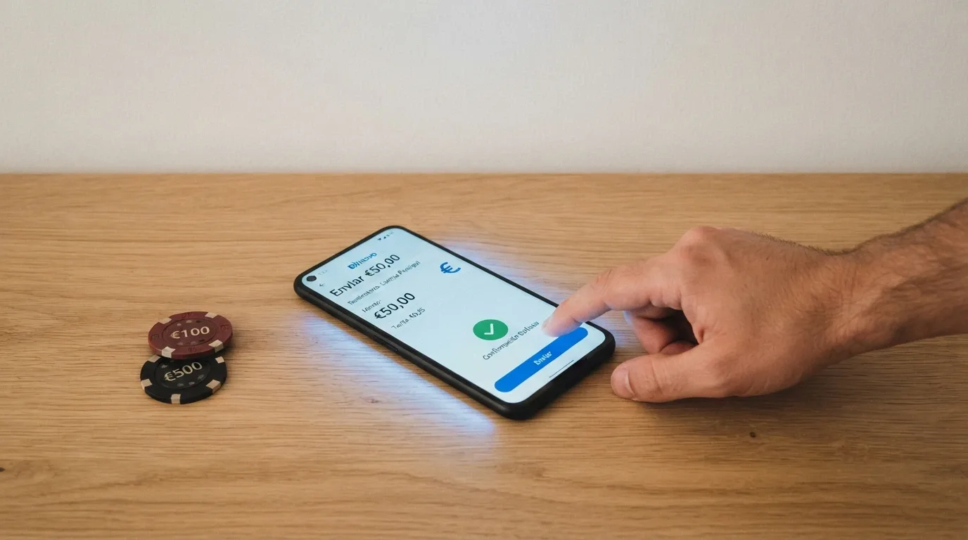 Un teléfono móvil mostrando una wallet Solana con el botón de enviar y, al lado, la pantalla de cajero de un casino online con el importe en euros