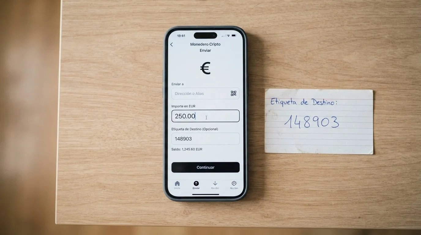 Un teléfono móvil mostrando una wallet de criptomonedas con la pantalla de envío de XRP, junto a una tarjeta con un destination tag anotado