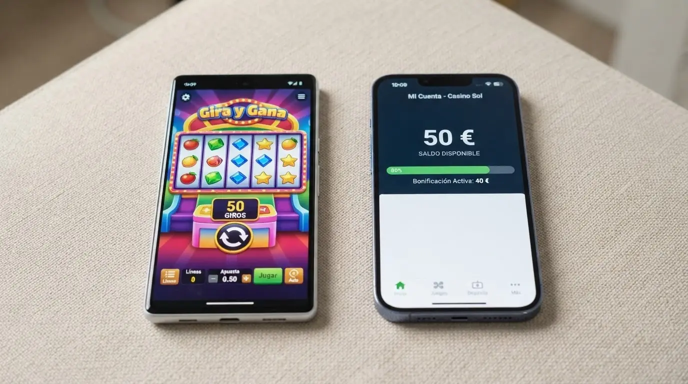 Dos pantallas de casino yuxtapuestas: una con saldo de bono en euros disponible y otra con un contador de tiradas gratis sobre una tragaperras