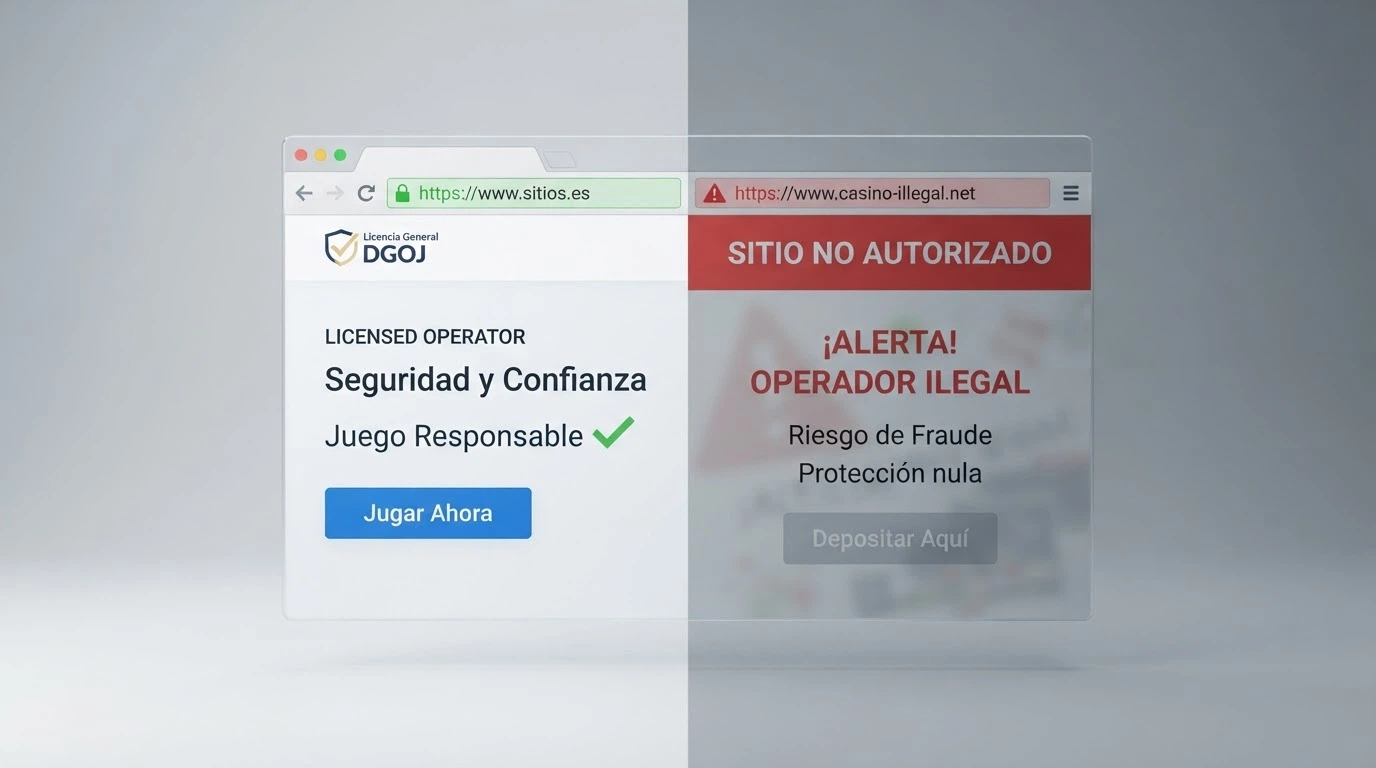 Pantalla dividida: a la izquierda, la barra de direcciones de un navegador con un dominio .es; a la derecha, un candado de seguridad sobre fondo verde