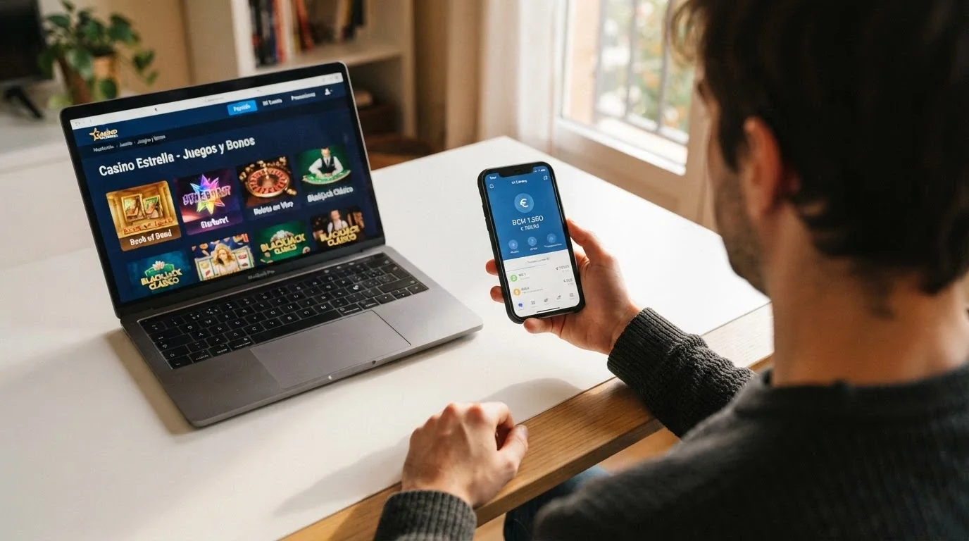 Mano sosteniendo un móvil con una app de wallet BCH junto a la pantalla de un casino online