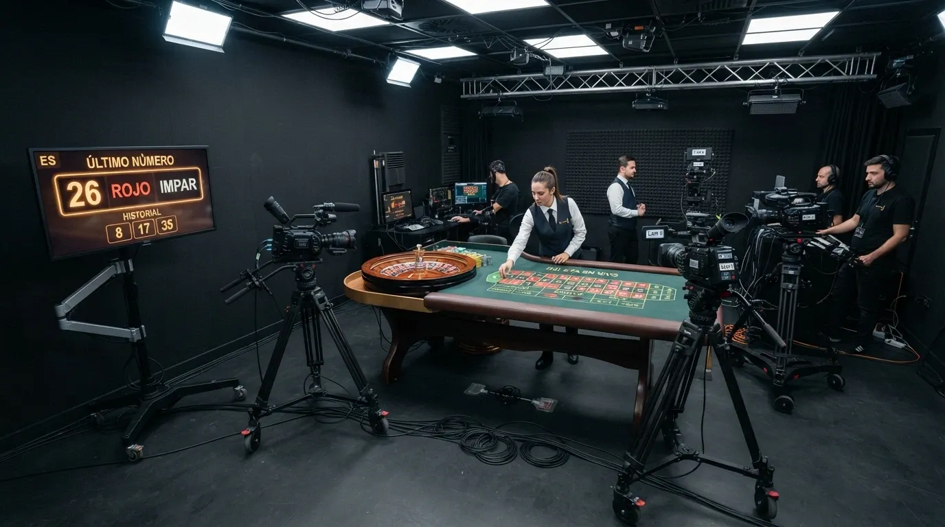 El interior de un estudio de casino en vivo con tres cámaras apuntando a una mesa de ruleta física, el monitor del sistema OCR mostrando el número ganador y un crupier manejando la partida