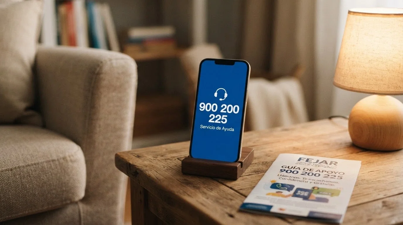 Composición con el logotipo de FEJAR, el número 900 200 225 y el icono de un teléfono de ayuda, junto a la sede de la DGOJ