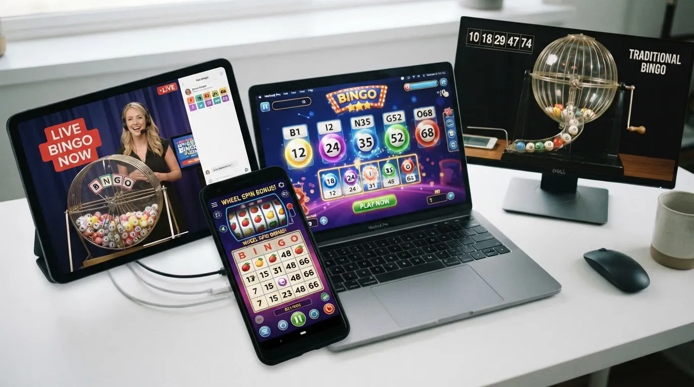 Cuatro pantallas superpuestas mostrando los distintos formatos de bingo de casino: video bingo, bingo en vivo con presentador, bingo slot y máquina de bolas
