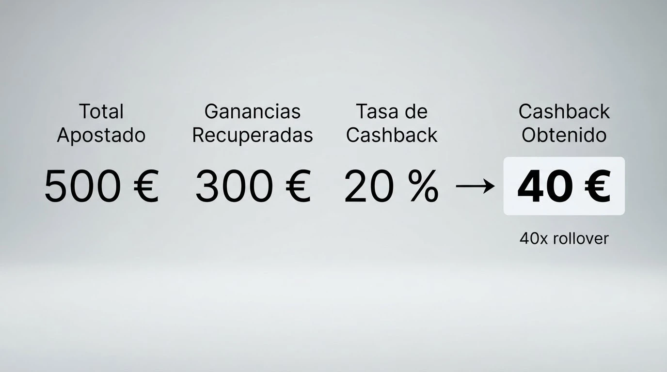 Representación gráfica de la fórmula del cashback con cifras de ejemplo: cantidades jugadas, ganancias y porcentaje de devolución