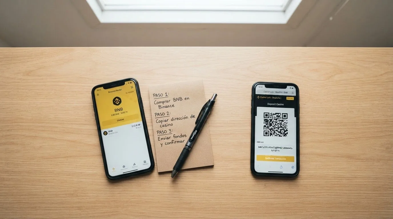 Secuencia visual de tres pasos: comprar BNB en un exchange, copiar la dirección del casino y confirmar el envío