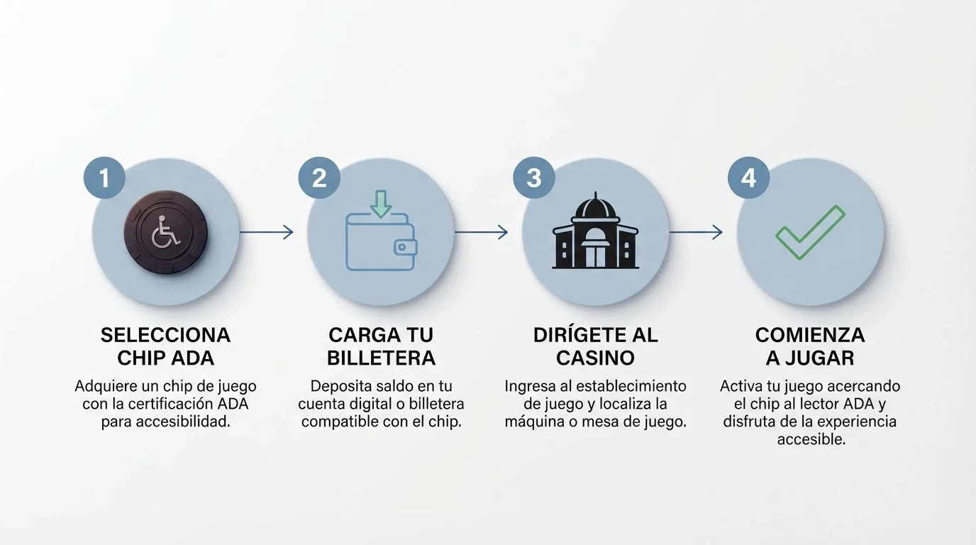 Infografía con los cuatro pasos para depositar ADA en un casino online: comprar, enviar a wallet, elegir casino, confirmar
