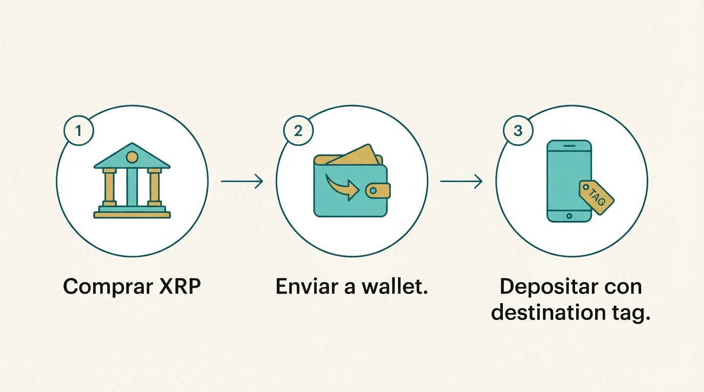 Un esquema visual de tres pasos: comprar XRP en un exchange, enviar a wallet, depositar en el casino con destination tag