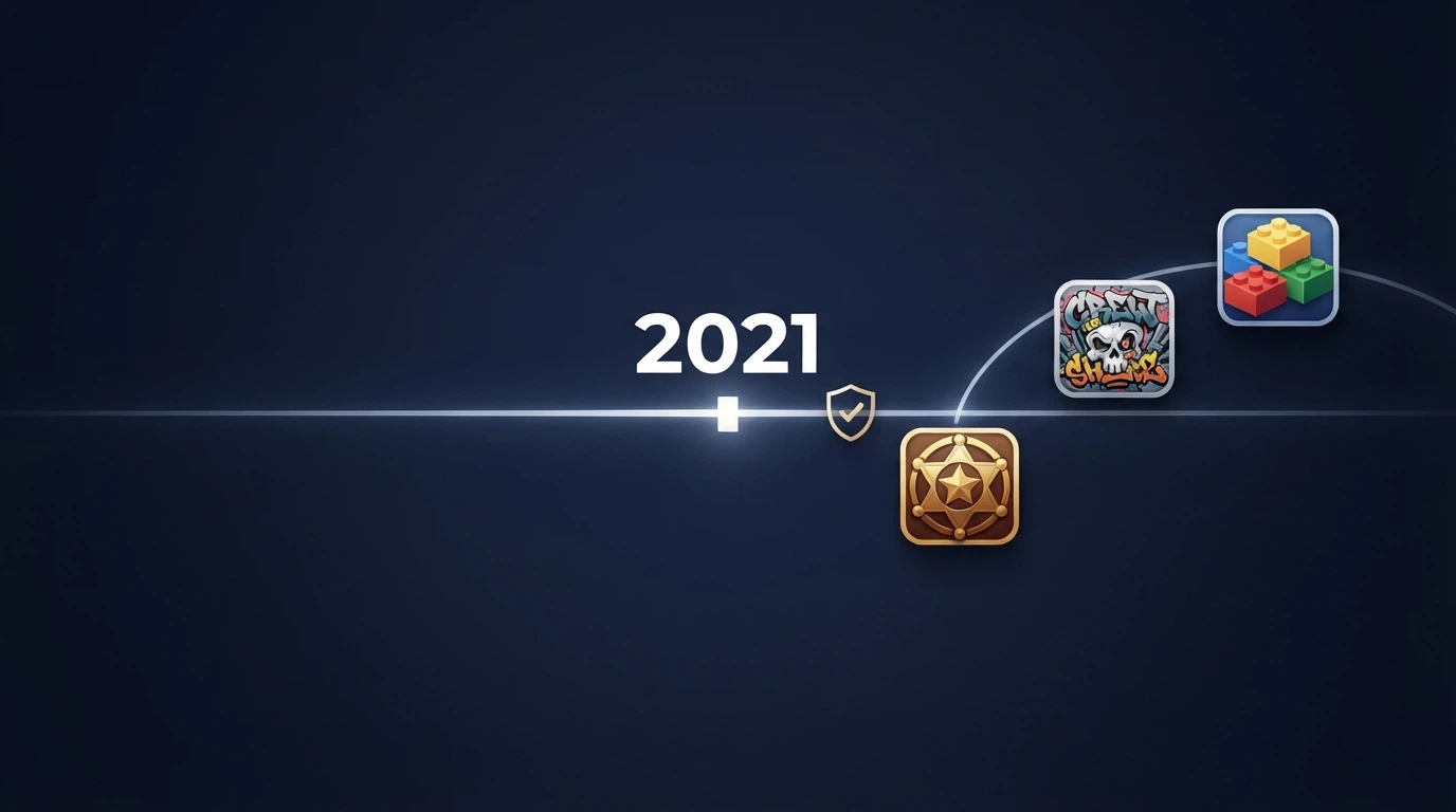 Cronología visual: logo de la DGOJ, año 2021 destacado, y siluetas de los primeros tres slots (Wanted Dead or a Wild, Chaos Crew, Stack 'Em)