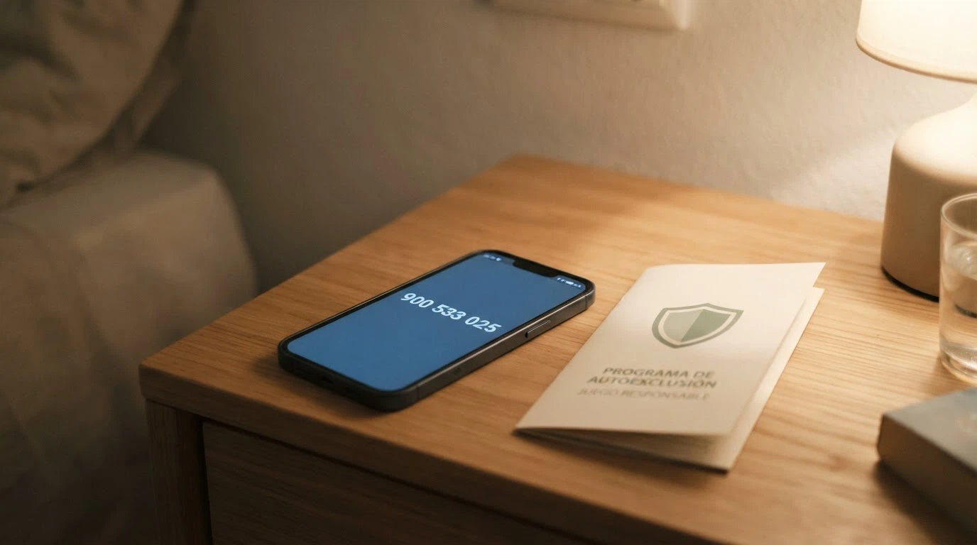 Teléfono móvil con el número 900 533 025 en pantalla junto a un folleto de autoexclusión del RGIAJ.