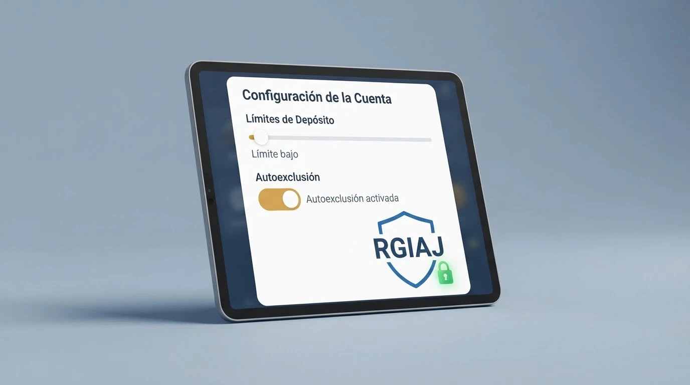 Panel de control de un casino online con los controles de límite de depósito, autoexclusión y el logo del RGIAJ visibles en pantalla