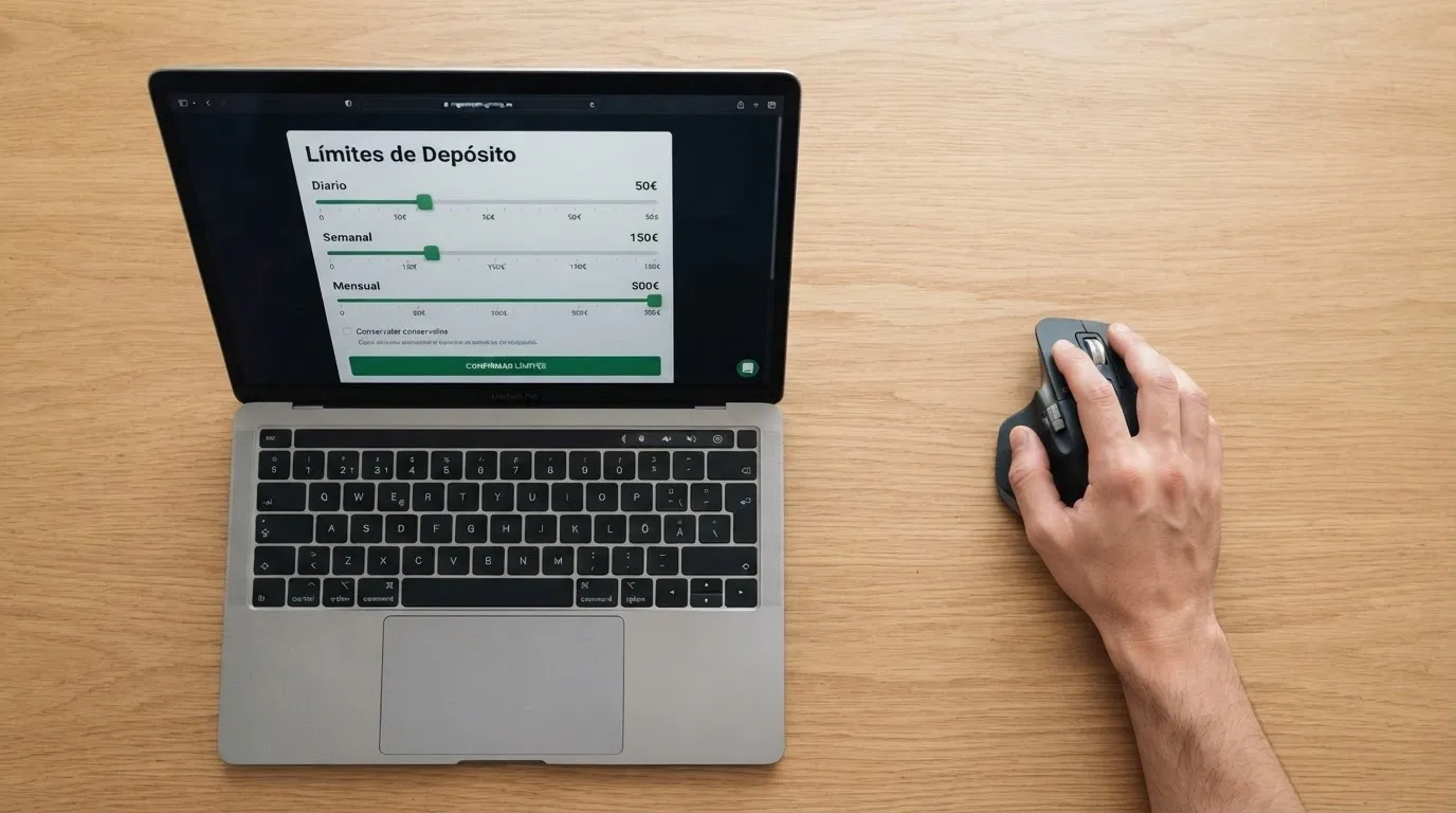 Mano sobre el ratón junto a un panel de control de límites de depósito en la interfaz de un casino online