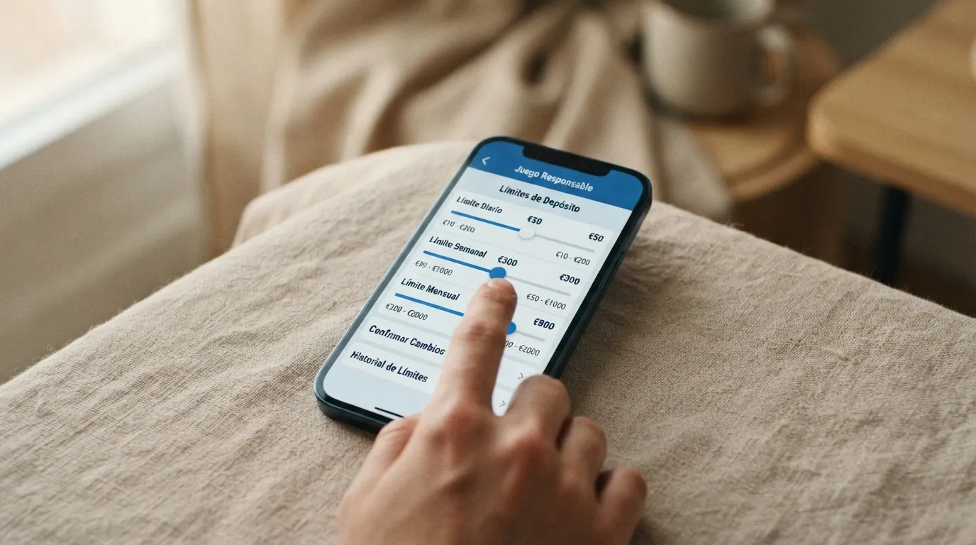 Pantalla de ajustes de límites de depósito en la app de un casino, con los controles deslizantes de límite diario, semanal y mensual visibles