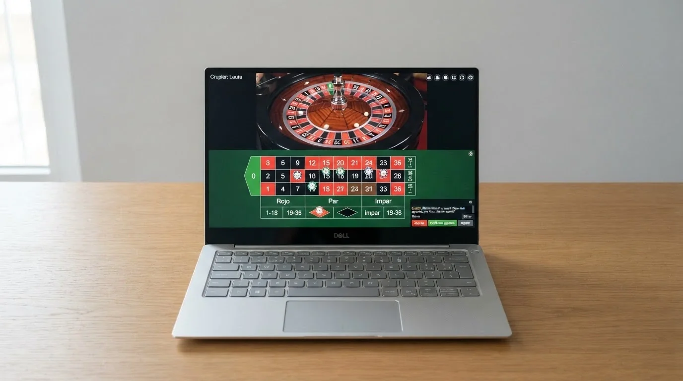 La pantalla de un casino online en español mostrando una mesa de ruleta en vivo con la interfaz de apuestas en castellano, el chat del crupier con un mensaje en español y los botones de apuesta traducidos
