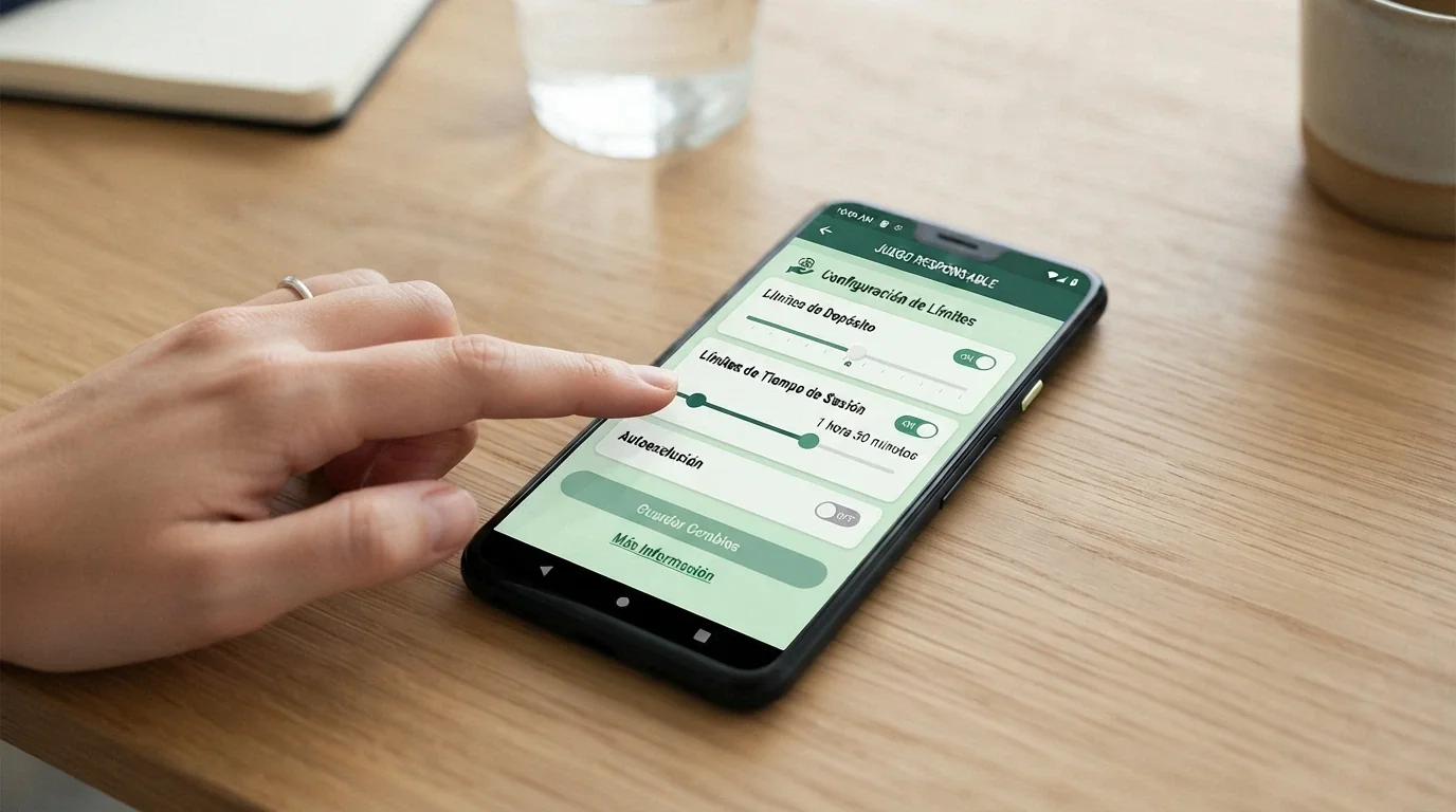 Un panel de configuración de límites de juego responsable en un casino online español, con los controles de depósito, tiempo de sesión y autoexclusión visibles