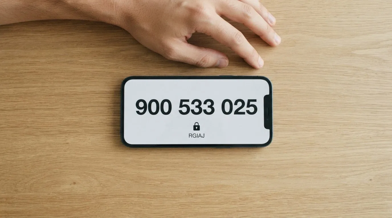 Un teléfono móvil mostrando el número 900 533 025 junto a un candado con el texto RGIAJ