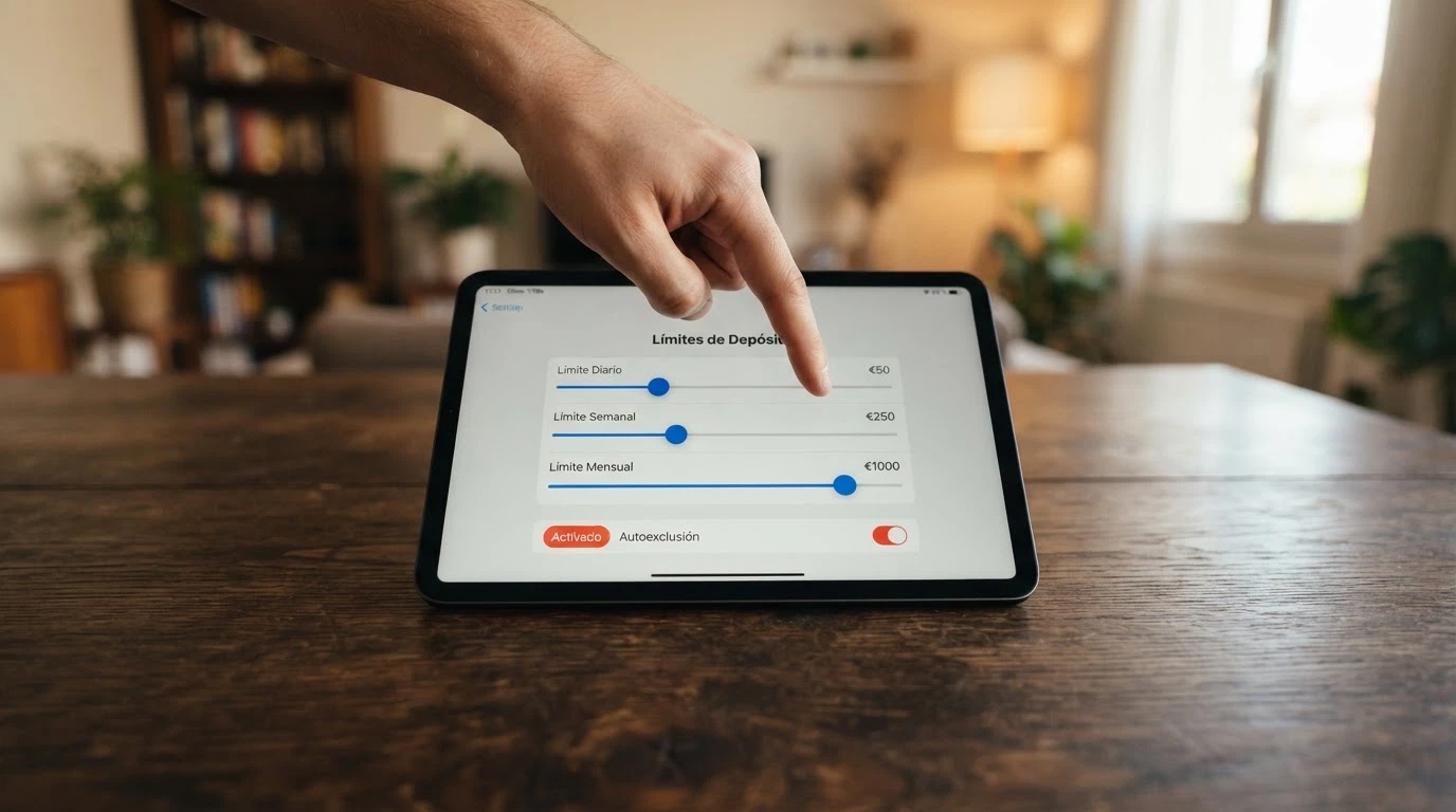 Pantalla de configuración de límites de un casino online español: se ven los deslizadores de límite de depósito diario, semanal y mensual junto a la opción de autoexclusión