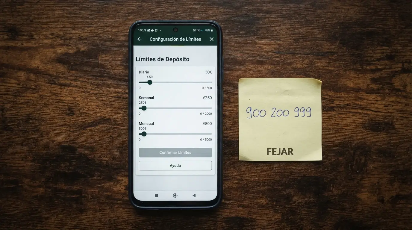 Una pantalla de configuración de límites de depósito en un casino online, con el teléfono 900 200 999 de FEJAR visible en un post-it junto al teclado