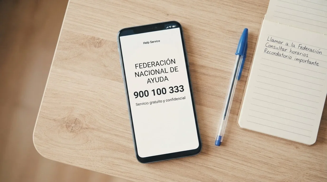Teléfono móvil con la pantalla mostrando el número 900 200 225 junto al texto «FEJAR — ayuda gratuita y confidencial», sobre fondo sereno