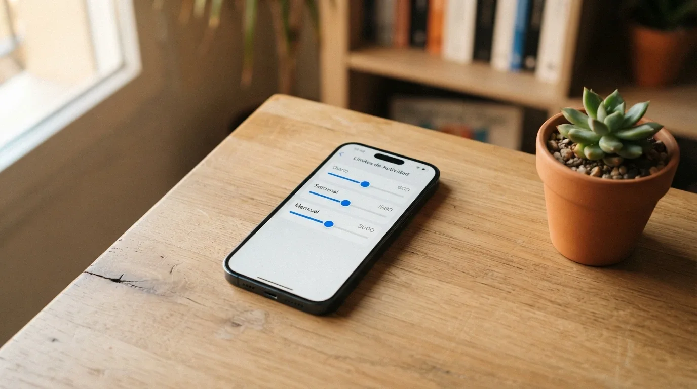 Un teléfono móvil mostrando la pantalla de configuración de límites de depósito de un operador .es, con controles deslizantes para límite diario, semanal y mensual
