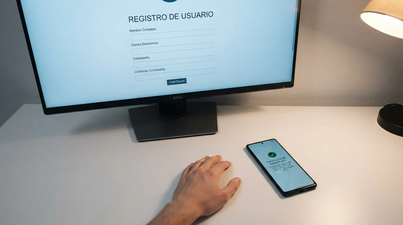 Pantalla de ordenador con el formulario de inscripción del RGIAJ en la web de la DGOJ, junto a un teléfono móvil con el icono de autoexclusión