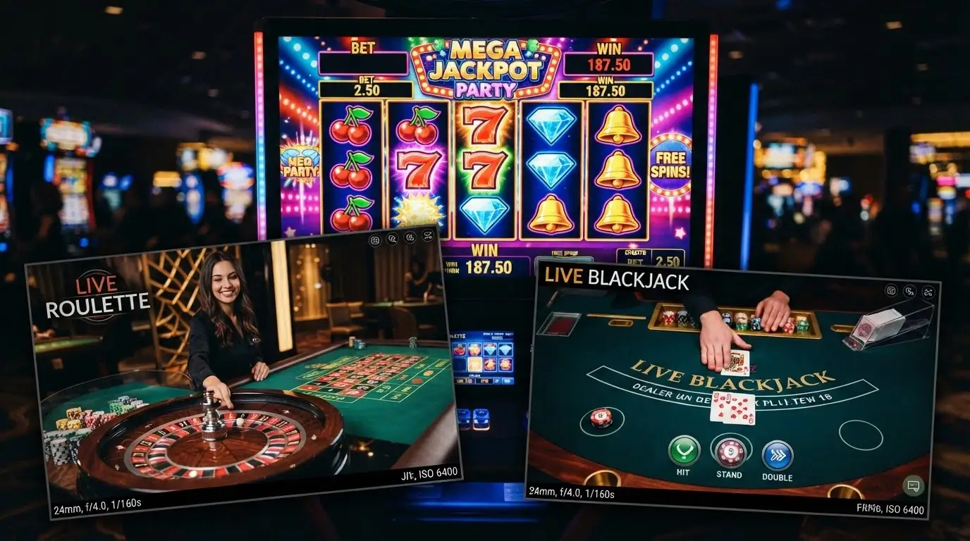 Composición con tres pantallas: una tragaperras colorida de fondo, una ruleta en vivo con crupier real en una esquina y una interfaz de juego de blackjack en la otra