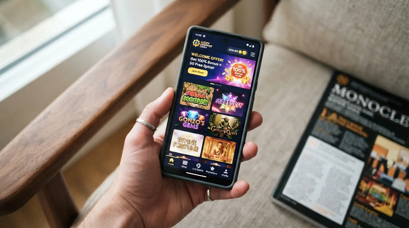 Mano sosteniendo un teléfono móvil con la pantalla de un casino online, en actitud de evaluar si registrarse