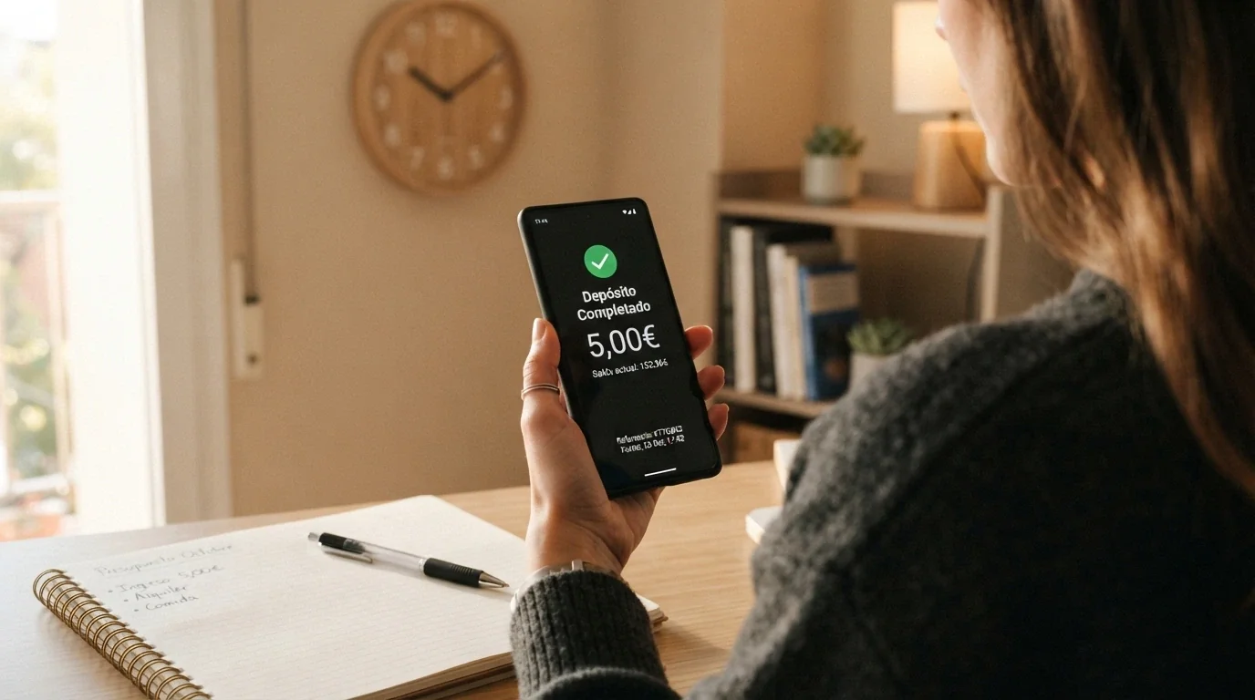 Mano sosteniendo un móvil con la pantalla de ingreso completada (5,00 €) y, en segundo plano, un reloj y un cuaderno con anotaciones de presupuesto