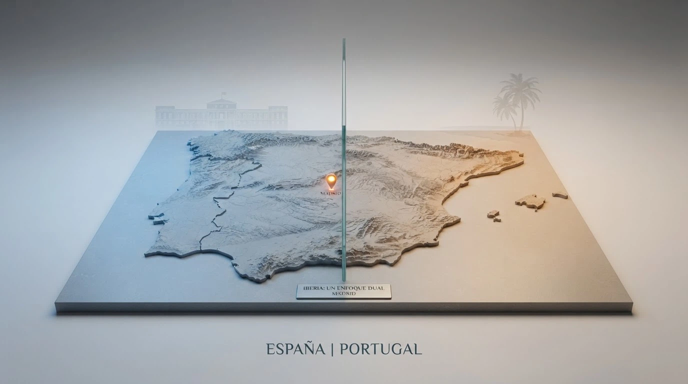 Mapa de España con un marcador sobre Madrid y una pantalla dividida entre el logo de la DGOJ y el de Anjouan Gaming Authority