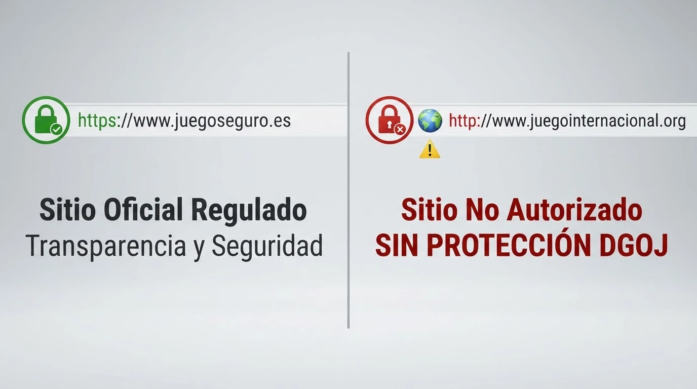 Pantalla dividida: a la izquierda el logo de la DGOJ con el dominio .es y un candado verde; a la derecha un candado rojo con la etiqueta de licencia offshore y el texto «sin protección DGOJ»