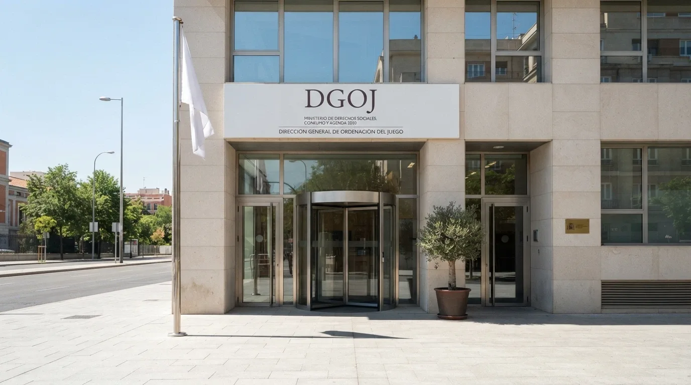El logotipo de la DGOJ junto a la fachada de su sede en Madrid y el dominio .es destacado