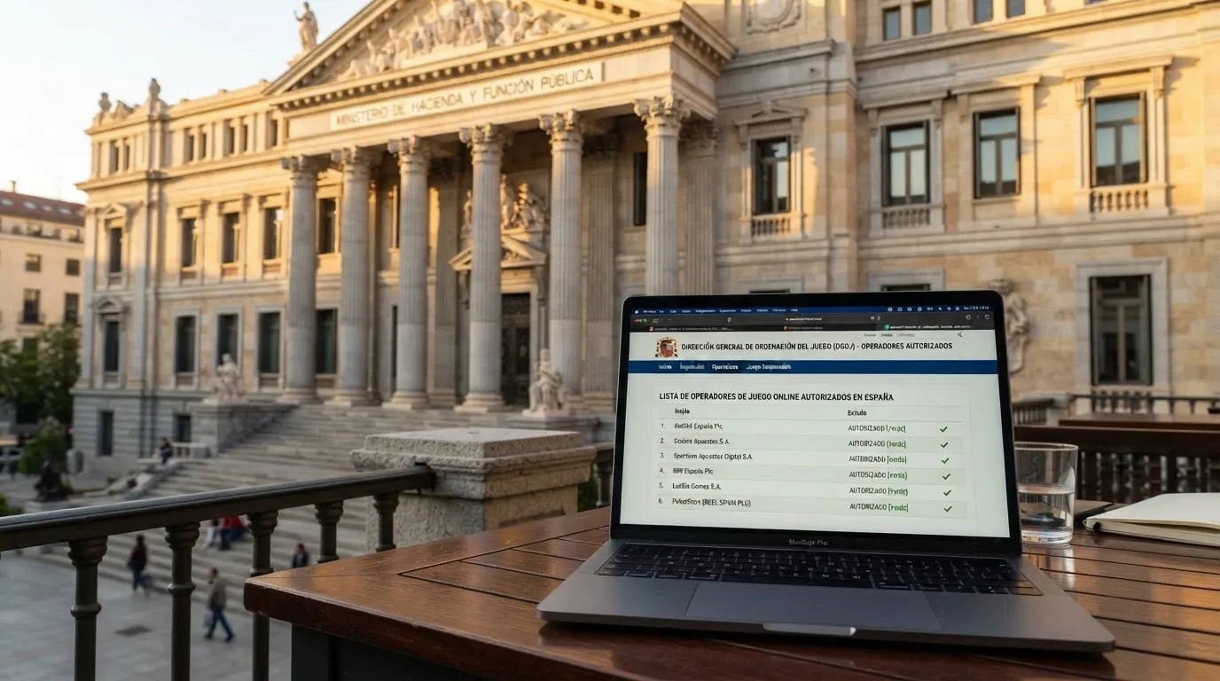 Fachada del edificio del Ministerio de Derechos Sociales, Consumo y Agenda 2030 junto a una captura de pantalla del portal de la DGOJ con el listado de operadores autorizados