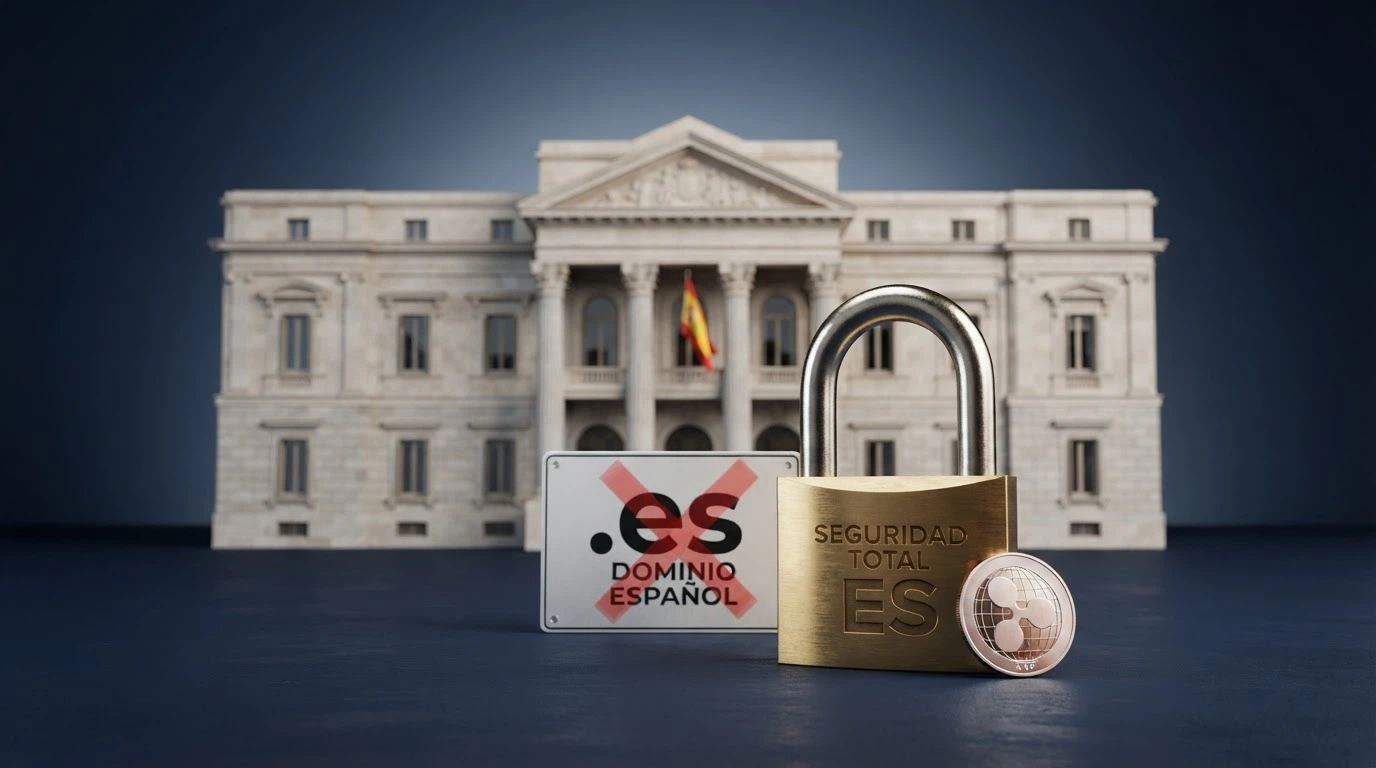 El edificio de la DGOJ en Madrid con un candado abierto superpuesto y el texto «.es» tachado junto al símbolo de XRP