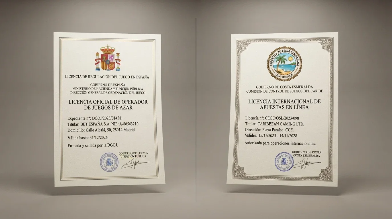 Documento oficial con el escudo de España junto al logo de la DGOJ y una licencia de Curaçao en contraste