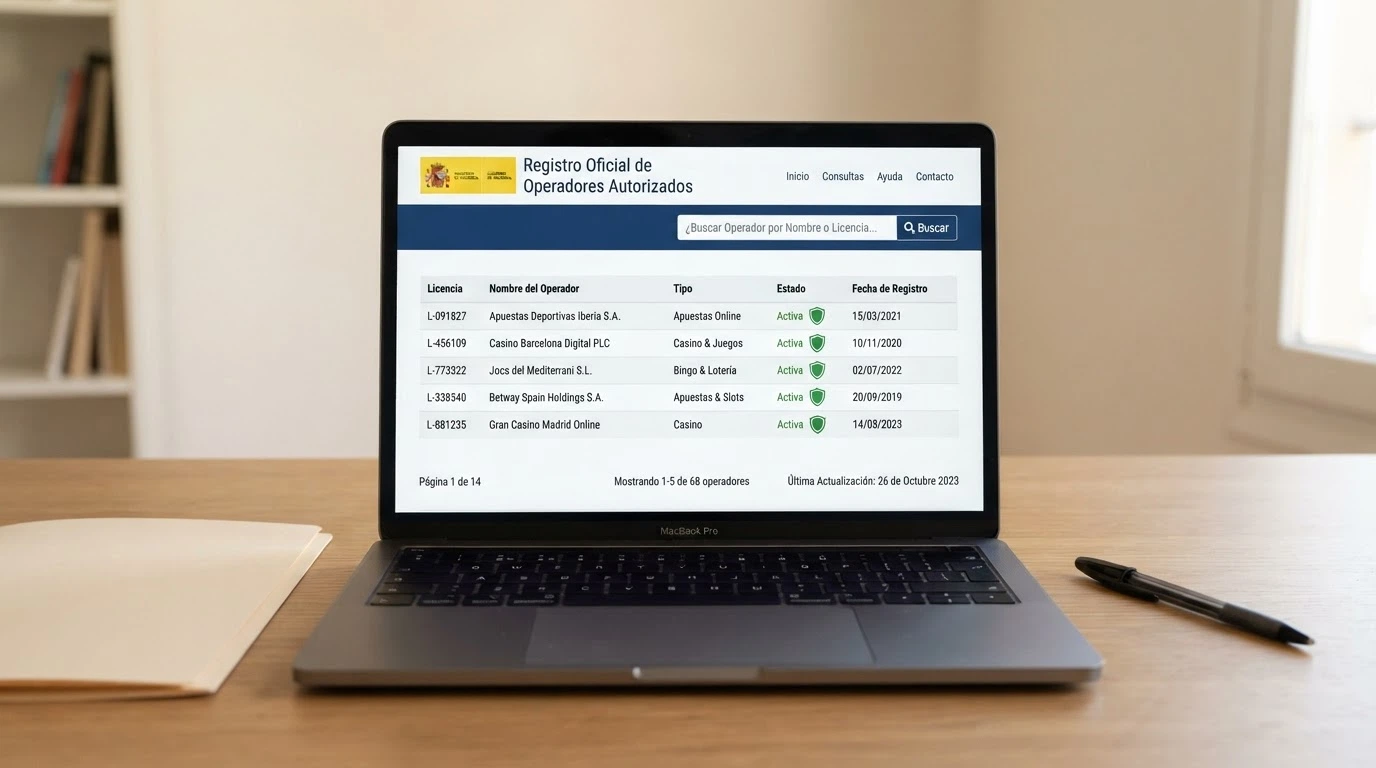 Captura del sitio web de la DGOJ (ordenacionjuego.es) con el registro de operadores autorizados y el sello de juego seguro visible