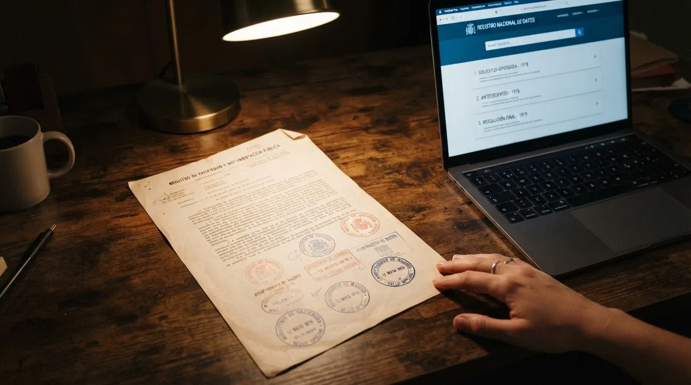 Primer plano de un documento con sellos cuestionables sobre una mesa, junto a una pantalla con el registro oficial abierto