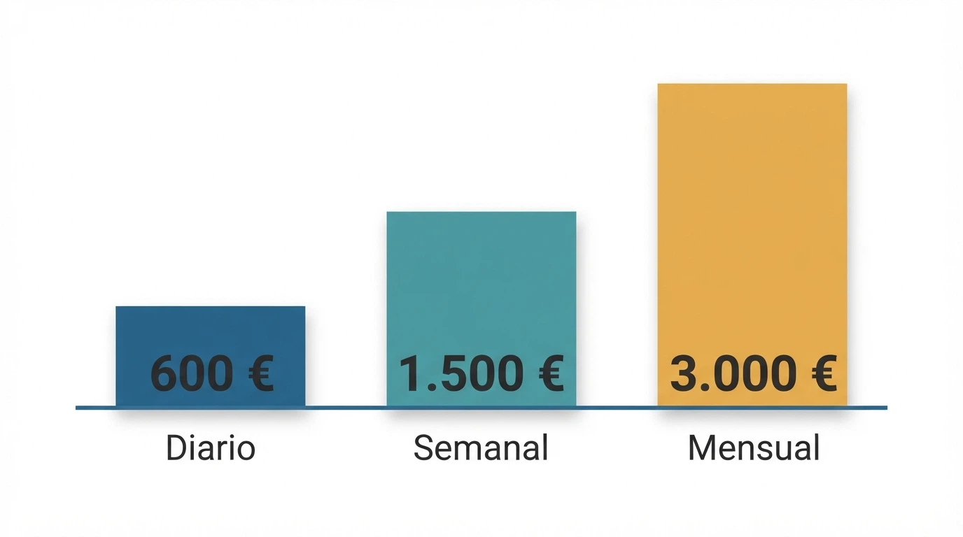 Un esquema visual con tres columnas que muestran cantidades en euros: 600, 1.500 y 3.000, junto a los textos «diario», «semanal» y «mensual»