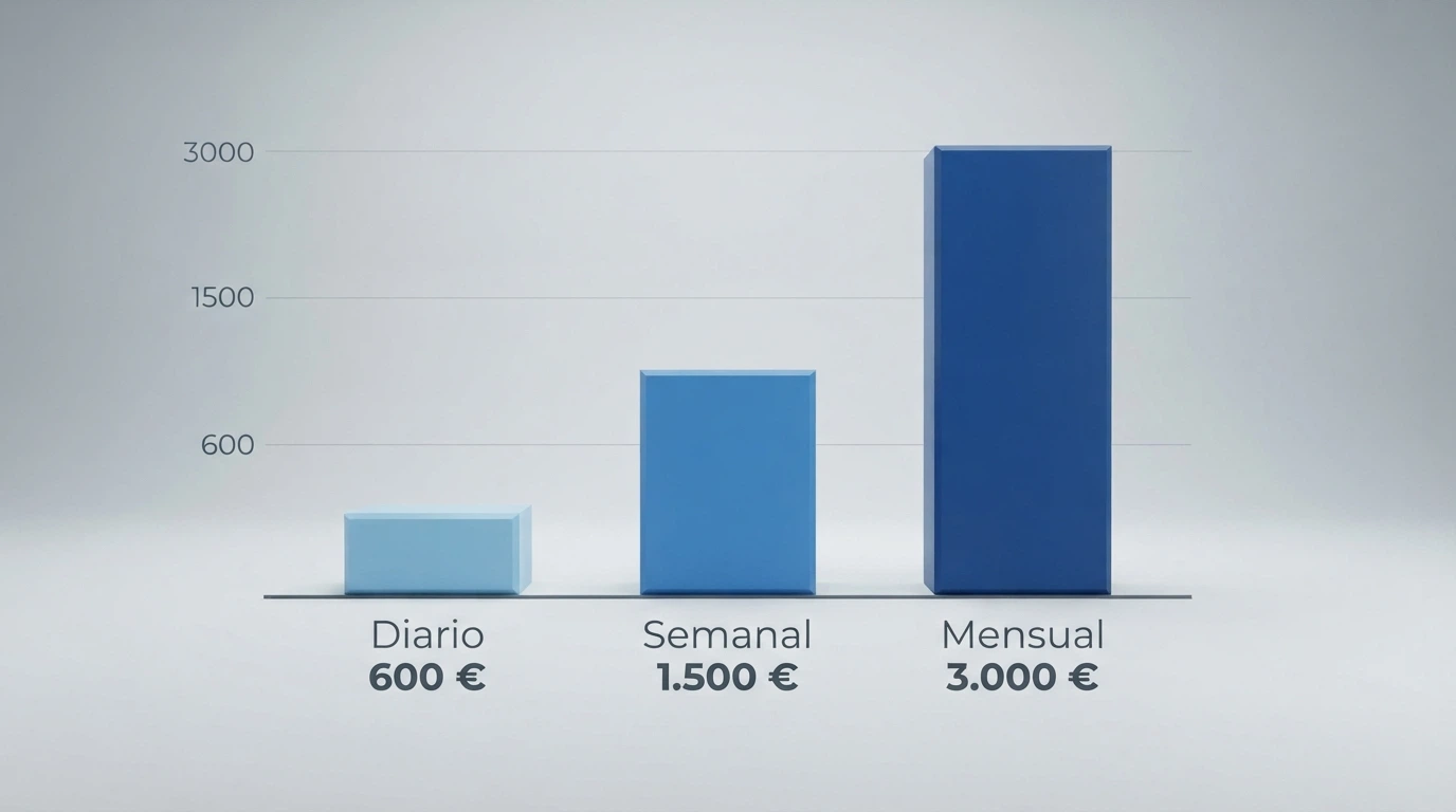 Gráfico con tres barras que representan los límites de depósito diario (600 €), semanal (1.500 €) y mensual (3.000 €) por operador en España