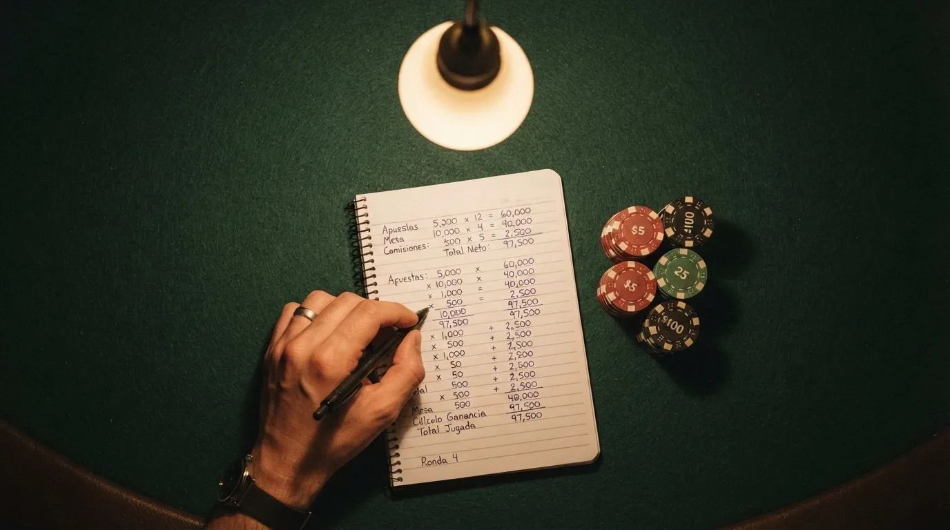 Calculadora de requisito de apuesta sobre una mesa de casino con fichas distribuidas en columnas de importe, multiplicador de rollover y días de validez