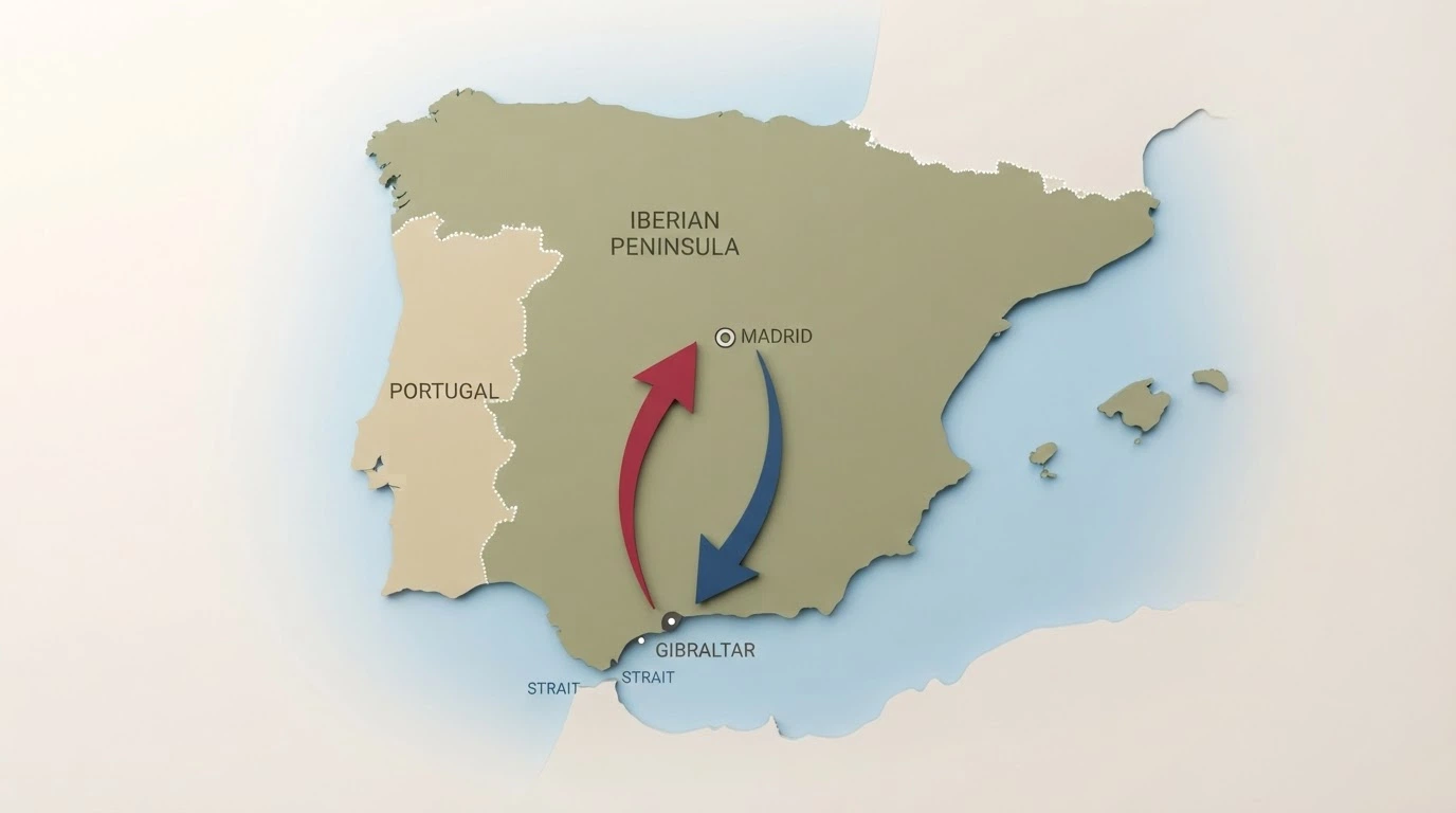 Mapa esquemático de la península ibérica y Gibraltar con flechas que representan el flujo regulatorio entre jurisdicciones