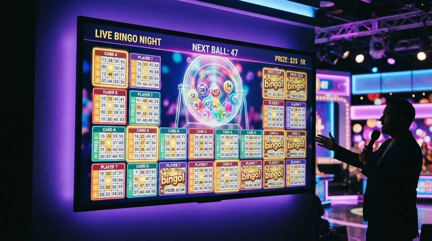 Pantalla del game show Mega Ball de Evolution con las bolas numeradas, el tambor de sorteo y la cuadrícula de tarjetas en una sesión en directo