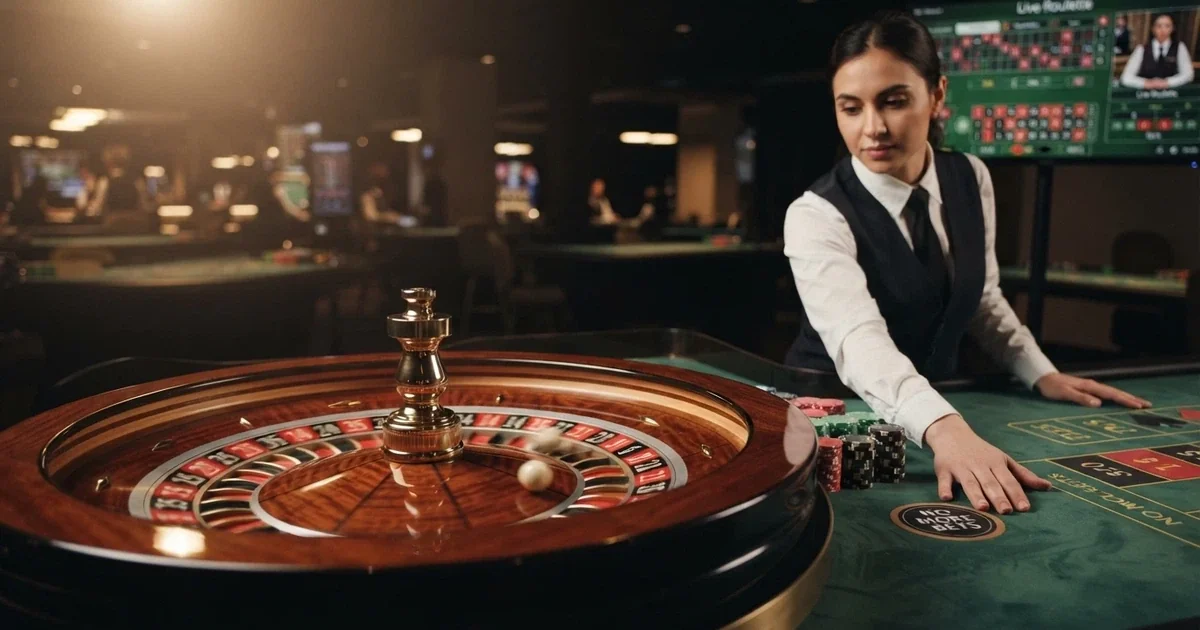 Interfaz de un casino en vivo de Evolution Gaming con una ruleta en primer plano, un crupier real en pantalla y el logotipo de Evolution visible en la esquina
